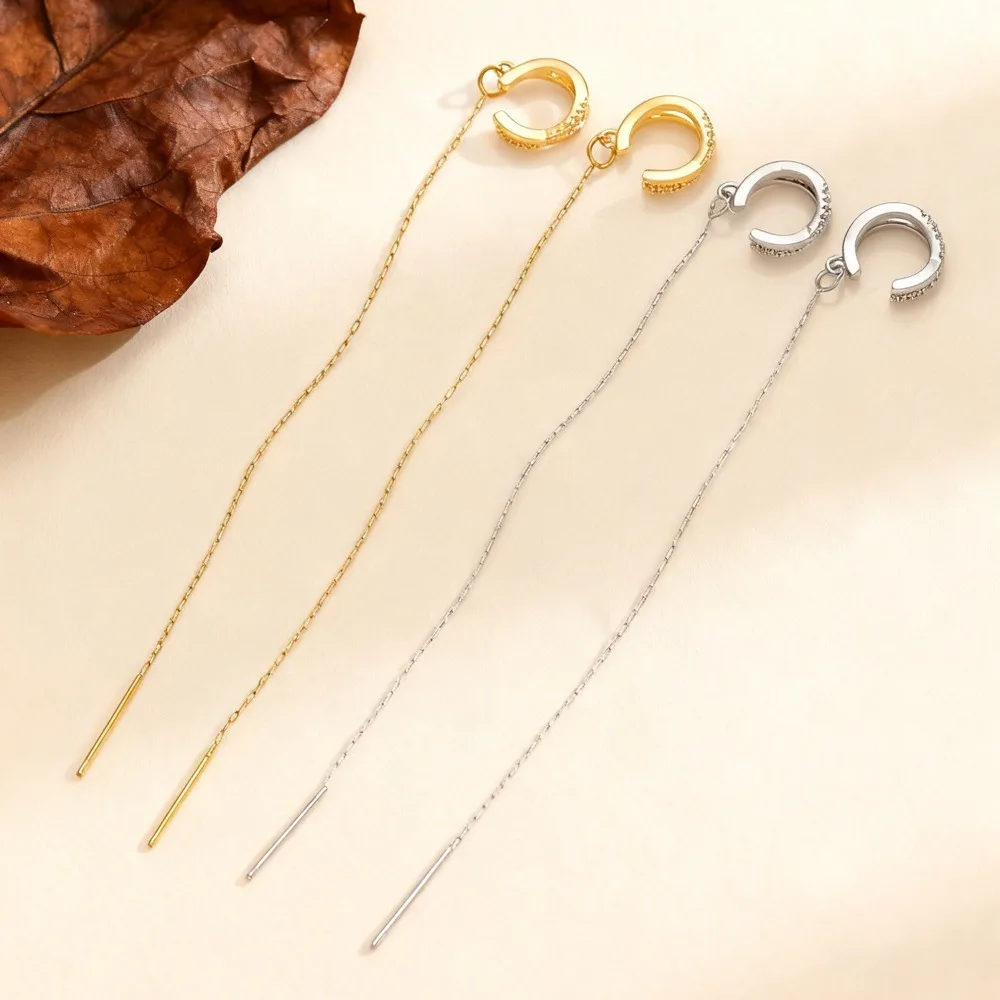 Pendientes largos con borlas y microincrustaciones de circonita para mujer, aretes con Clip en forma de C, joyería para Piercing falso de acero inoxidable