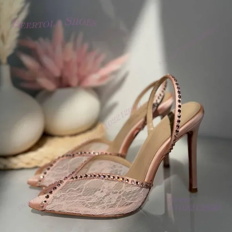 

Pink Mesh Pointed Peep Toe Lace Light Hollow Heels Girls Elegant White Wedding Open Sandals Black Open Heel Crystal Diamond Shoe