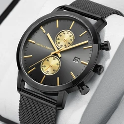 Hannah Martin Men Quartz Watch 44.5mm Large Dial Original Multi functional Movement Timing Sport Stainless Steel Gift Wristwatch