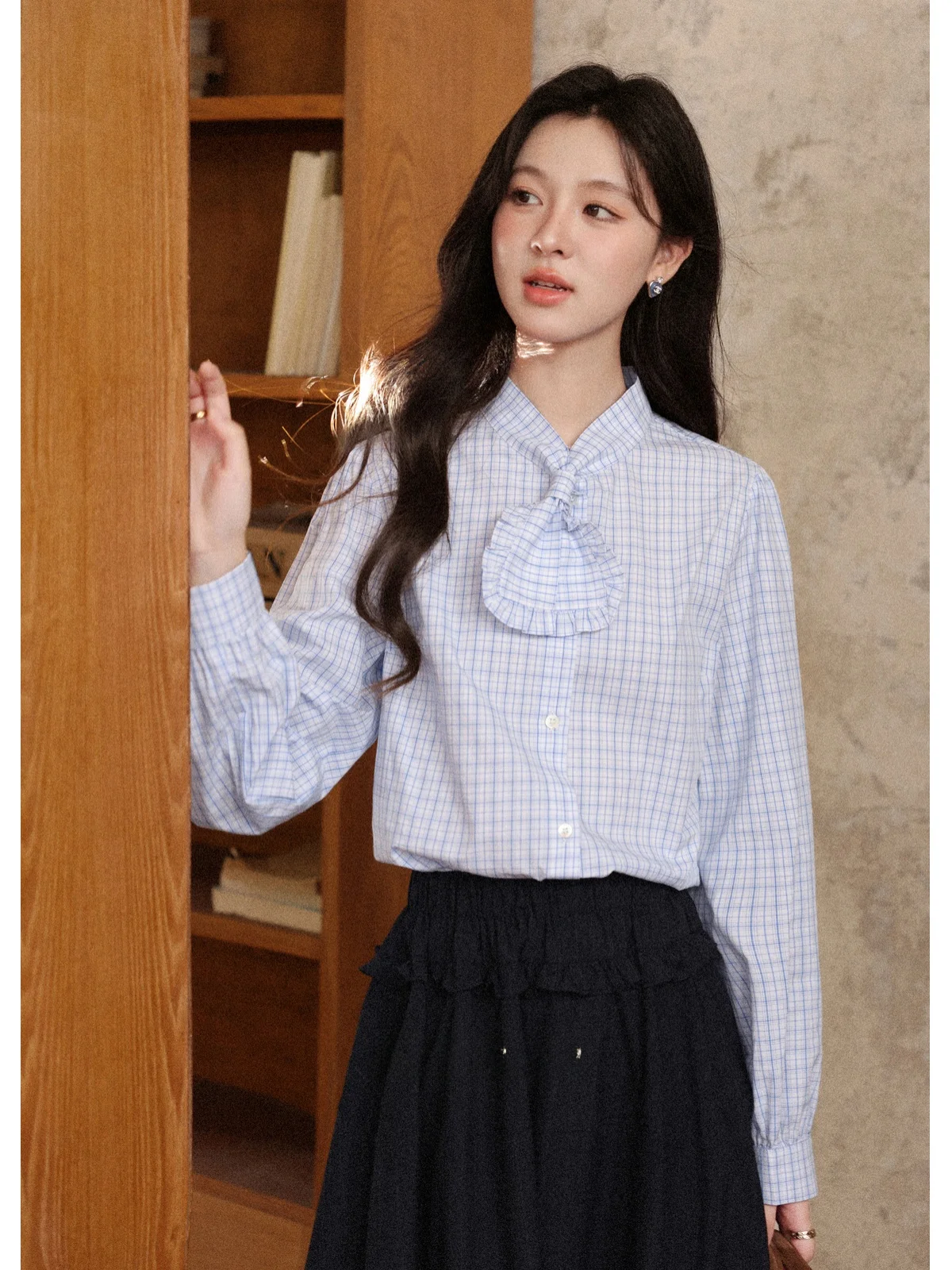 

Loose Long Sve Blue irt Commute Women's Sle Faionable Pixel Blue Early Autumn New Arrival Anti-Wrinkle Regular Fit
