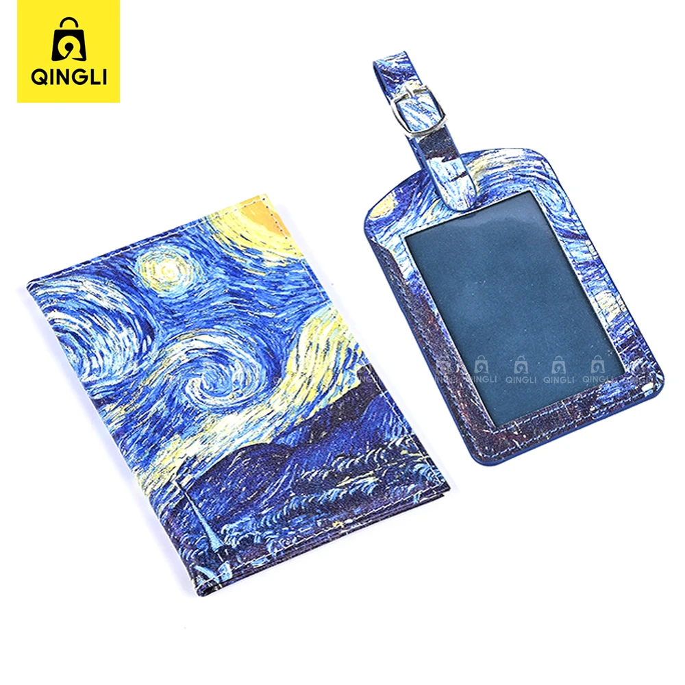 Creative Van Gogh Oil Painting Luggage Tag Passport Cover Suite Travel Essentials Starry Night Luggage Label Passport Holder Set