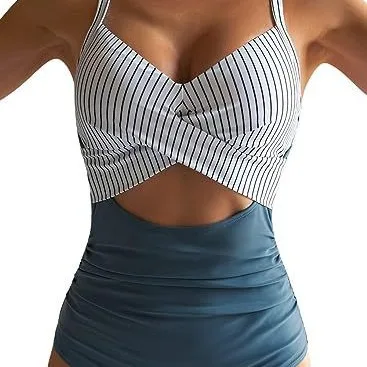 ملابس سباحة نسائية جديدة مكونة من قطعة واحدة لعام 2025 ، ملابس سباحة بكيني مثيرة بدون ظهر وأشرطة متقاطعة بطبعة الفهد