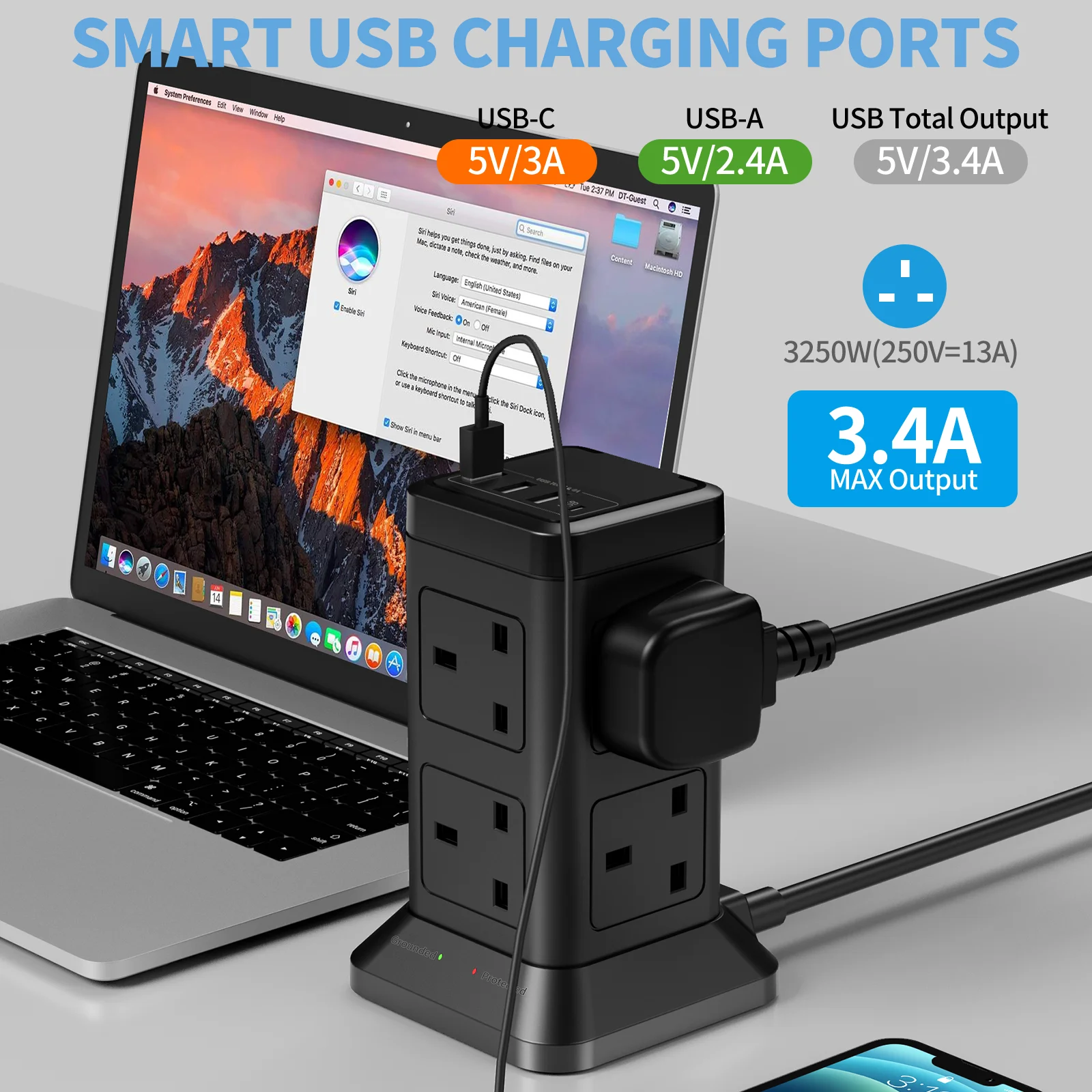 3250W UK Plug Tower Power Strip,150cm Extension Cord,8AC,Overload Switch,3USB-A+1USB-C Ports for Bedroom,Office,Living Room,Dorm