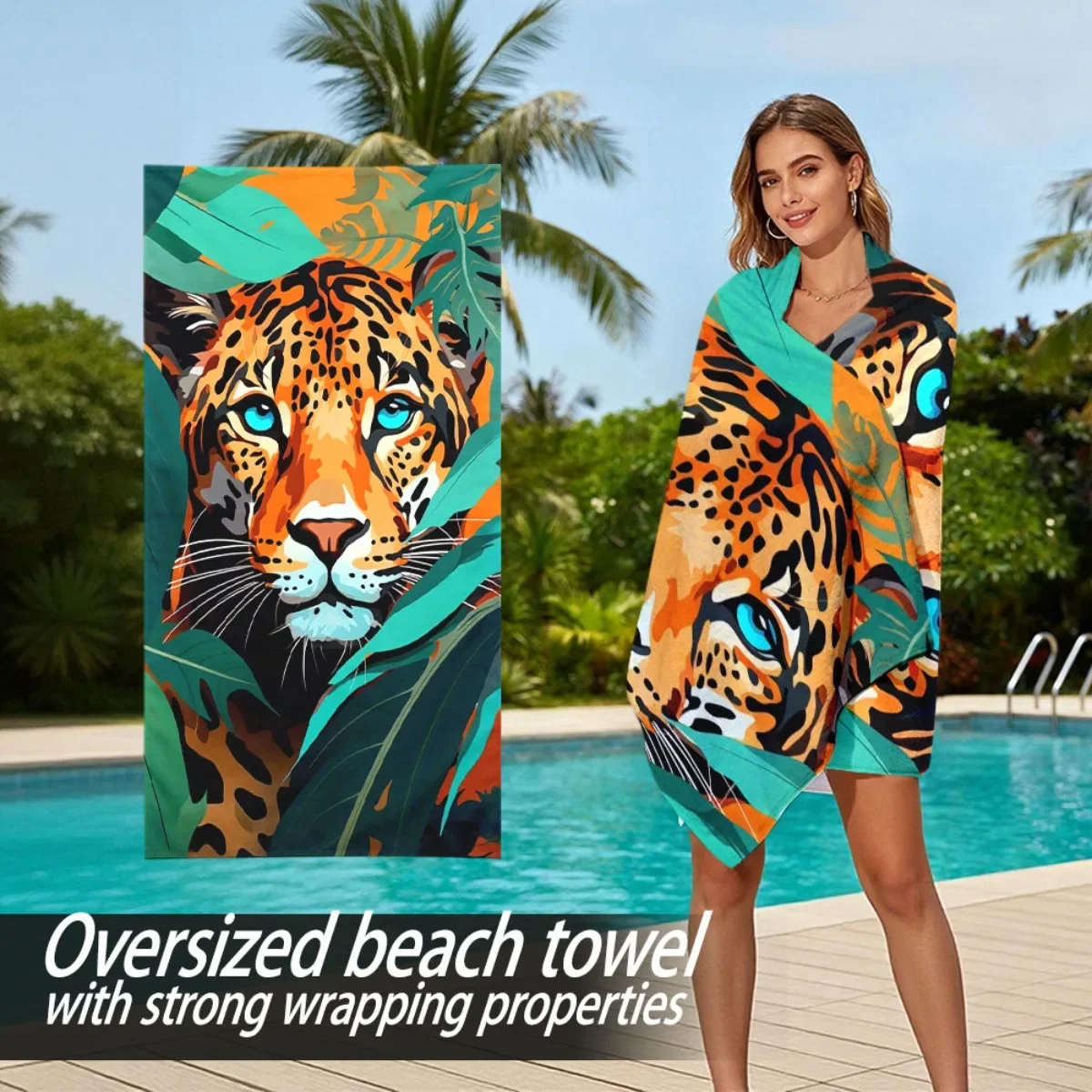 Oversized Leopard Print Beach Towel for Women Large Absorbent Tropical Print Swim Wrap