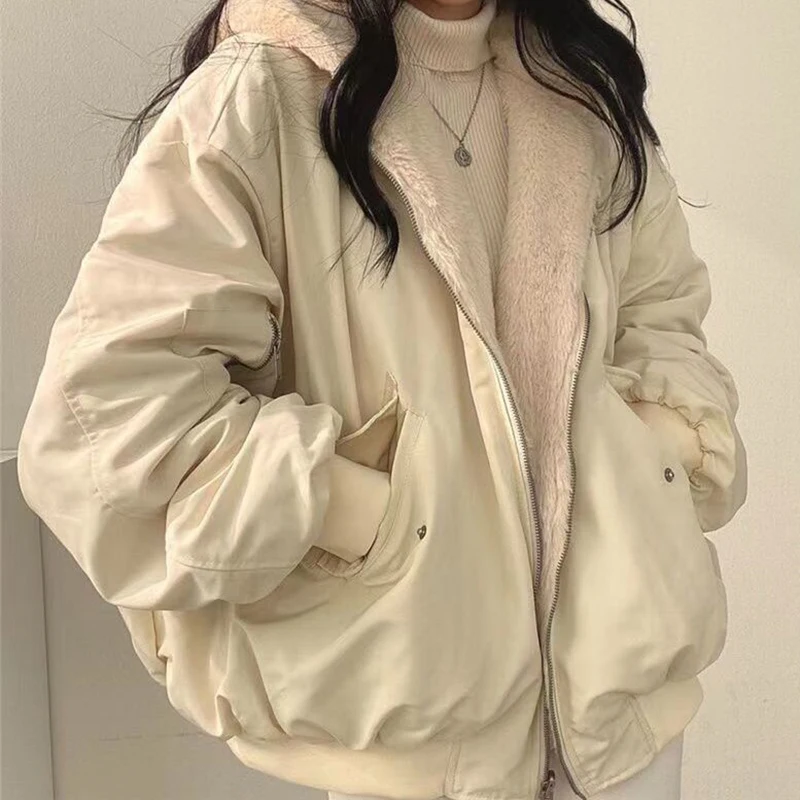 Women Synthetic Fur Hooded Sweatshirt Zipper Style Loose Oversized Fluffy Double-sided Long Sleeved Warm Cozy Jacket Outerwear