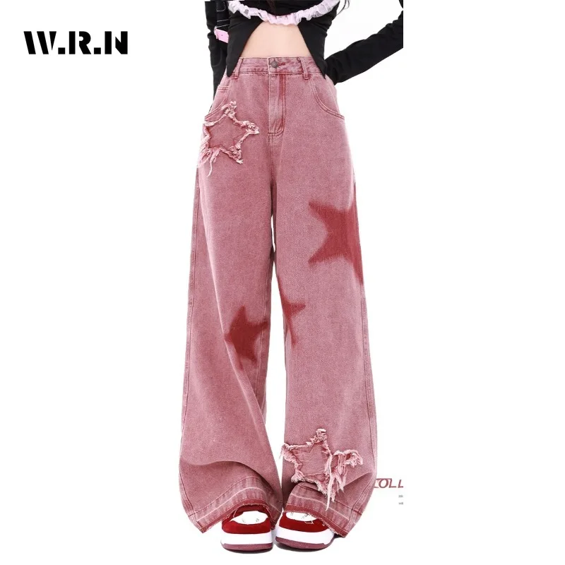 

Women's American Vintage Sweet High Waist Straight Jeans Pants Casual Baggy Y2K Wide Leg Grunge Stars Print Denim Trouser