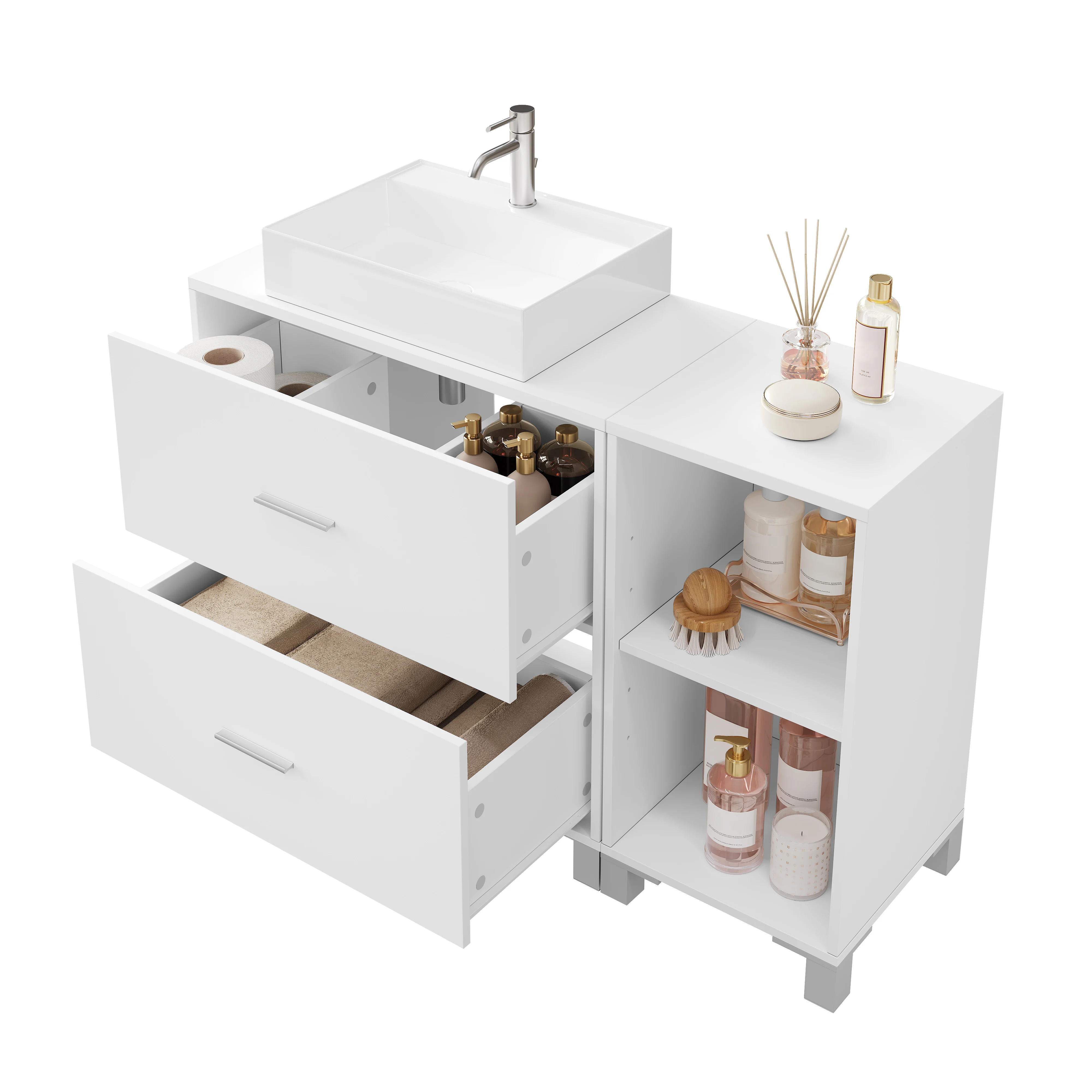 Weißer Badezimmerschrank, Waschtischunterschrank mit 2 Schubladen, Badezimmer-Aufbewahrungsorganisator, Seitenschrank, Waschbecken, Toilettenmöbel
