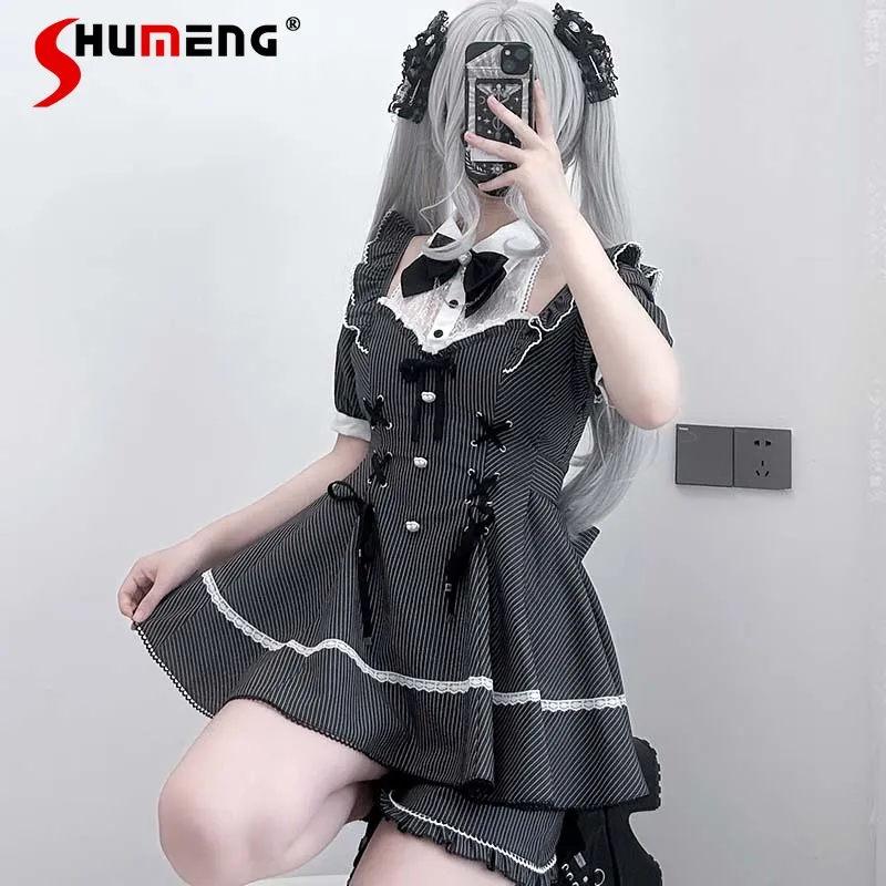 

Mine Mass-produced Large-size Dress Set Japanese Subculture Girls Cute Bow Short-sleeved Striped Tops and Shorts 2-piece Set