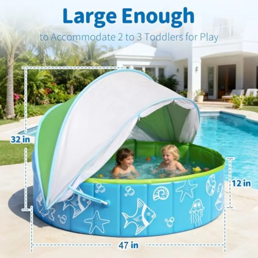 Foldable baby pool for backyard beach park use, hard plastic material, blue and green color, includes canopy for sun protection