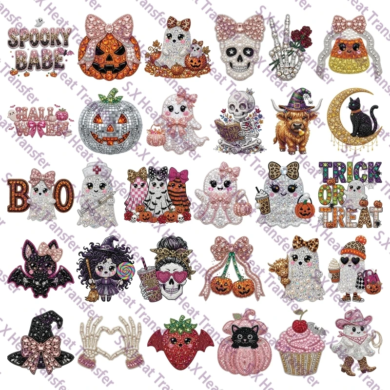 22cm Halloween Imitation Rhinestone Sparkly Ghost Pumpkin DTF Heat Transfer Stickers Iron On Transfers For T Shirts Clothing DIY