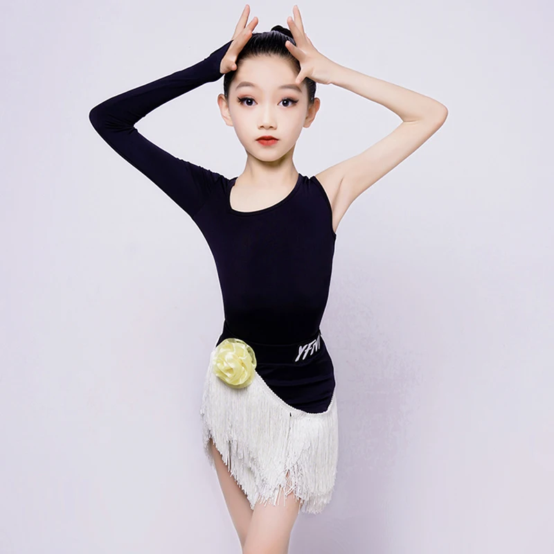 

2023 Latin Dance Performance Costumes For Girls Single Sleeved Top Tassel Skirt Suit Chacha Rumba Tango Latin Clothes