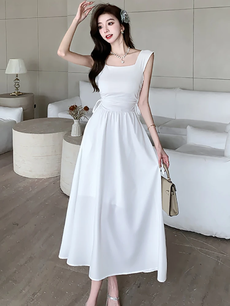 

2025 White Square Collar Sling Long Dress Women Elegant Bodycon Bandage Dress Spring Summer Korean Fashion Chic Festival Dresses