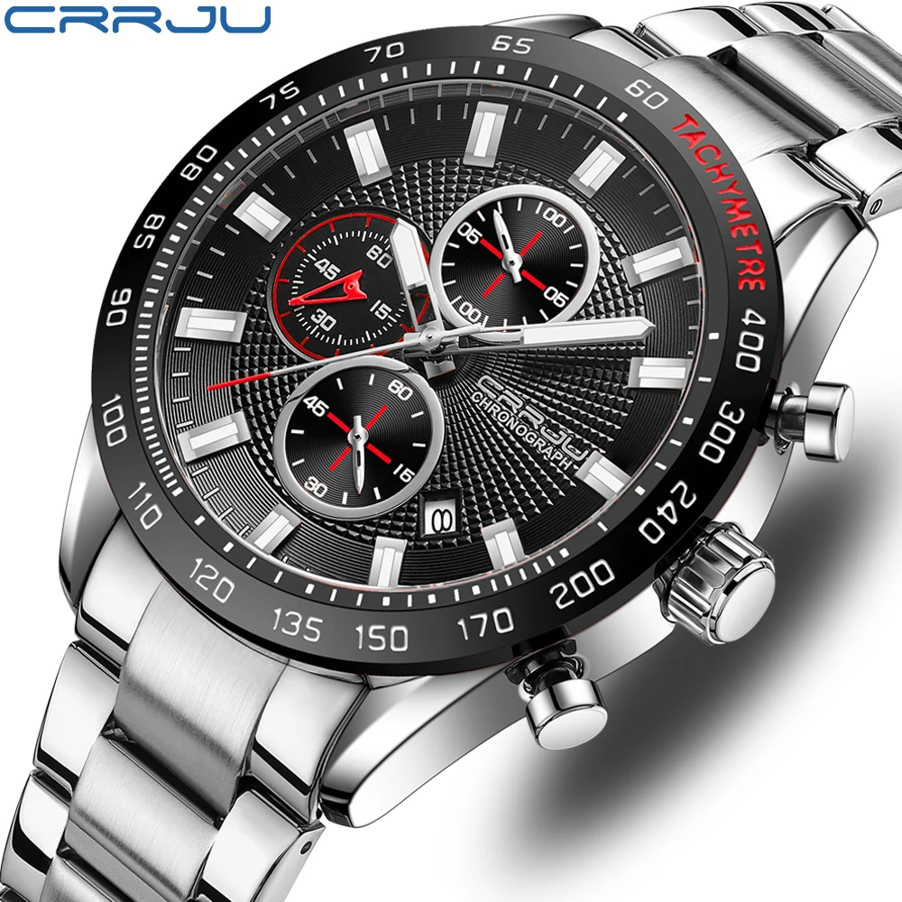 

CRRJU Casual New Men Watches with Date Classic Chronograph Stainless Steel Wristwatches with Luminous Hands Male Clock