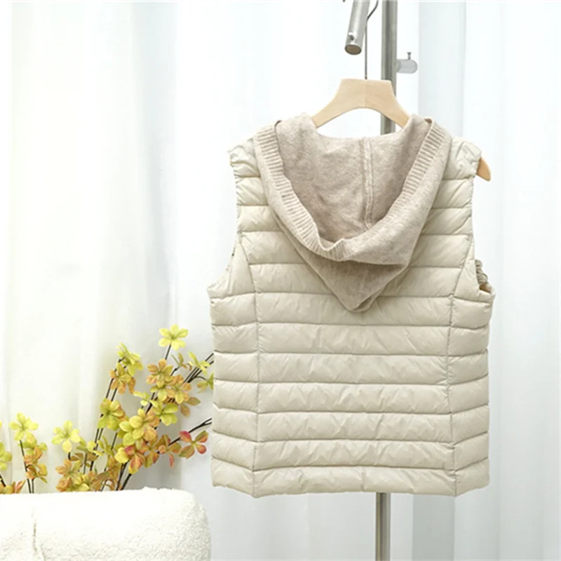 Inverno feminino malha com capuz para baixo colete jaqueta quente luz fina pato branco para baixo colete casaco parkas feminino sem mangas curto tanque