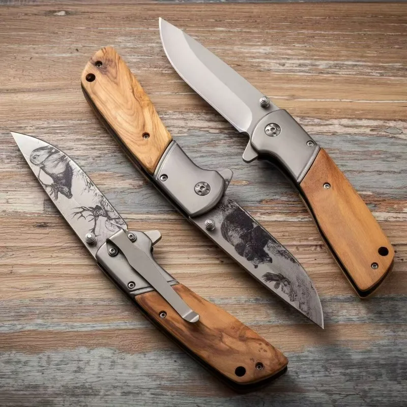 

Unique Tactical Folding Pocket Knife with Stainless Steel Blade and Wooden Handle for Survival Outdoor Camping Hiking EDC Tools