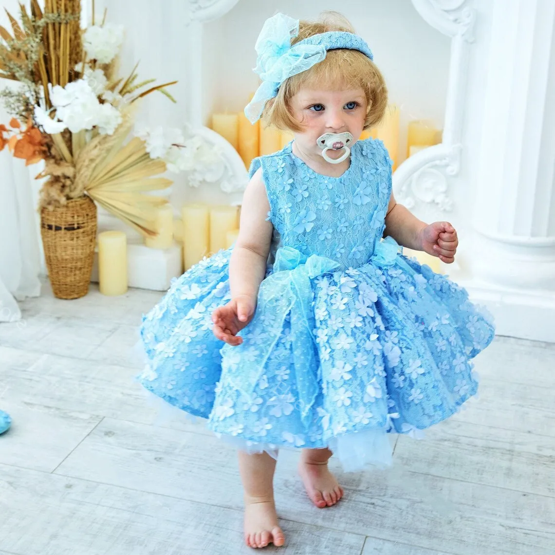 Cute Champagne Flower Girl Dresses For Wedding Kids Floral Lace Bow Party Girls Pageant Dresses Appliqued Birthday Photoshoot