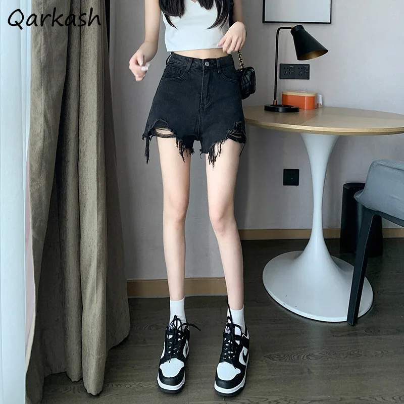 

Black Shorts Women High Waist Ripped Fur-lined Wide Leg Summer Korean Style Hot Girls A-line Solid College Student Streetwear BF