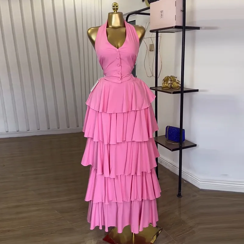 

Женская одежда, новинка лета 2025 года, милый свежий жилет с бретелькой на шее, высокая талия, юбка-тортик, комплект из двух предметов, платье, халат, Vestido, женская вечеринка