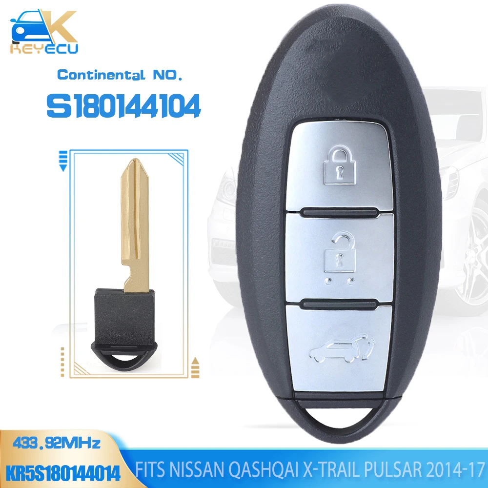 KEYECU S180144104 for Nissan Pulsar X-Trail QashQai 2014 2015 2016 2017 Smart Remote Key Fob 433.92MHz ID47 Chip 3 Button