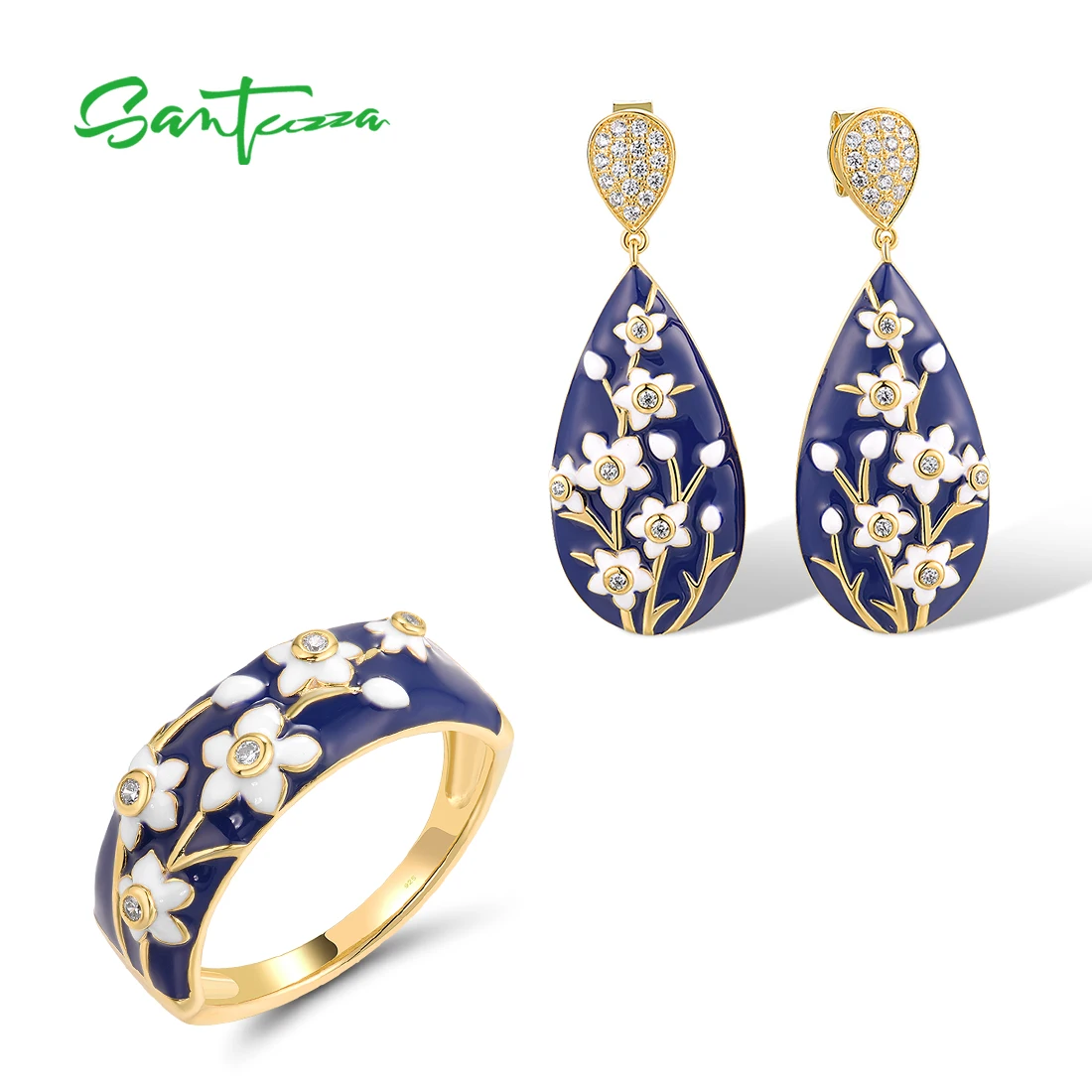 

SANTUZZA Pure 925 Sterling Silver Jewelry Set For Women White CZ Flower Earrings Ring Blue Enamel Wedding Gifts Fine Jewelry