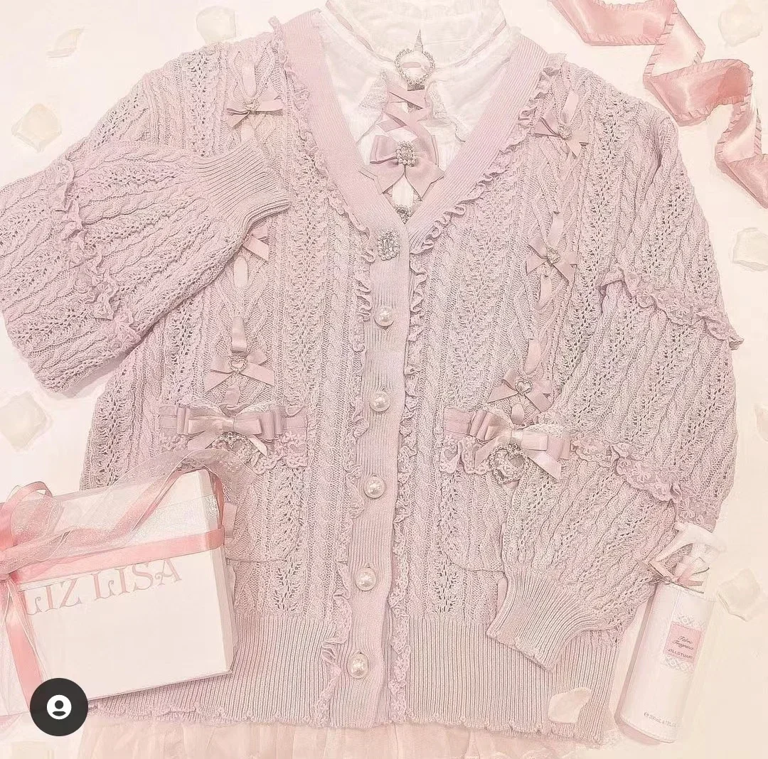 Japanese Lolita Jumpers Ribbon Weaving Hollow Pocket Bowknot Oversized Knitted Cardigan 3 Colors Available Kawaii Sweater Mujer