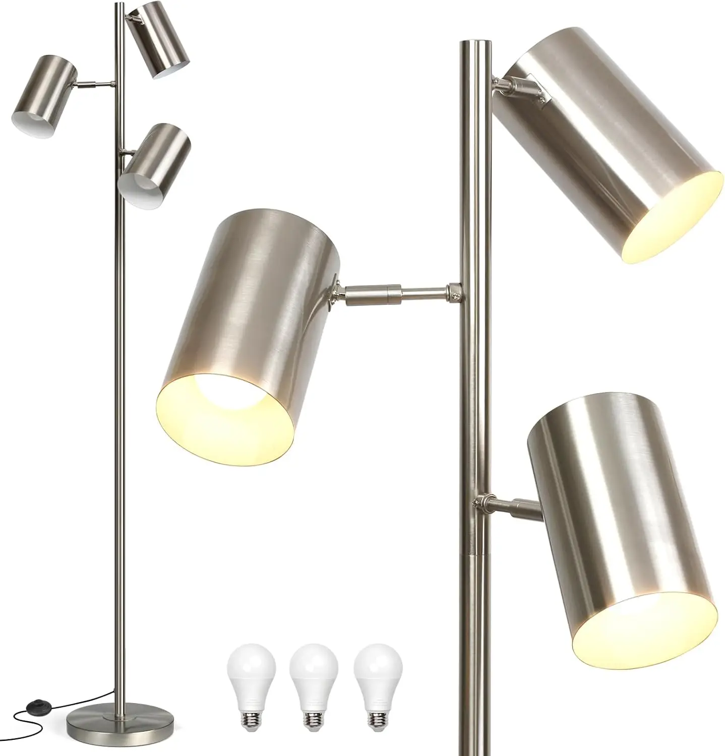 Tree Floor Lamp with 3 Light Bulbs,Nickel Standing Tall Pole Lamp with 3 Adjustable Rotating Lights,Farmhouse Floor Lamp,,9W E26 LED Bulbs Included.