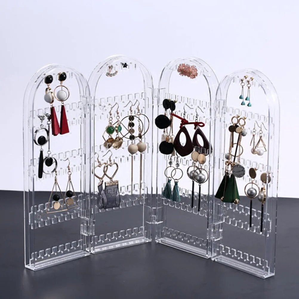 

Four Part Transparent Plastic Folding Jewelry Earring Rack Organizer Stand Holder Display for Rings Watches Home Use