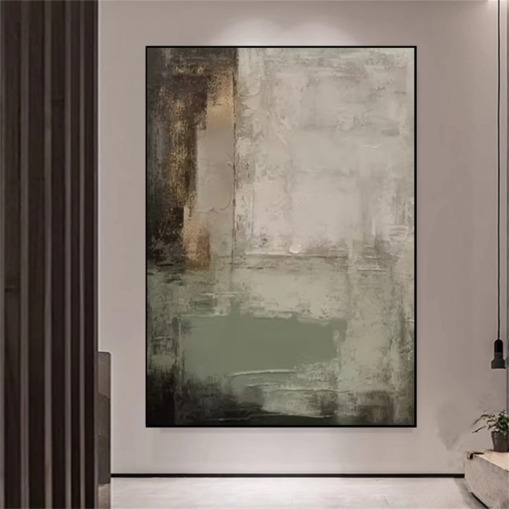 Big Knife Paint 100% Hand Drawn Abstract Oil Painting On Canvas Grey Green Block Wall Art Picture Dark Mural For Home Room Decor
