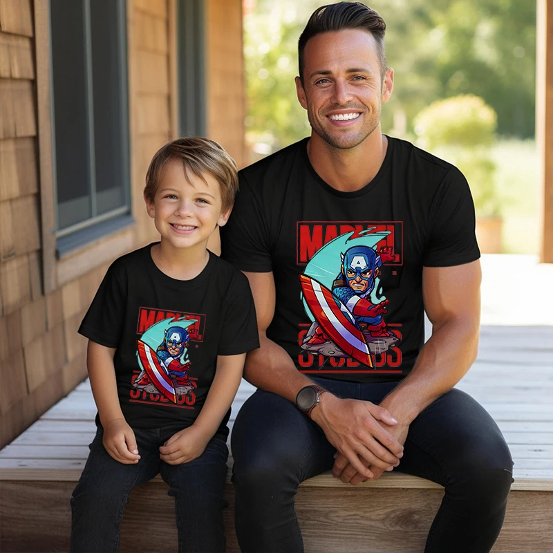 Marvel Hero Print T-shirt Dad and kids Cotton Short Sleeve Family Matching Outfits Black Top Father and Son Outfit