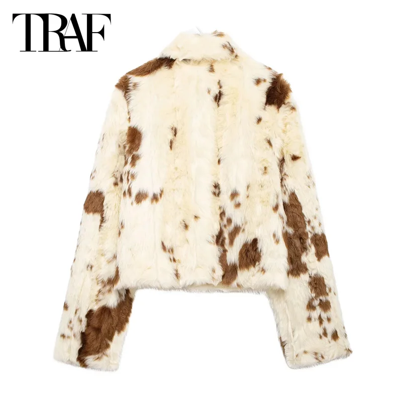 TRAF Furry Cropped Jacket Outerwears Women\'s 2024 Autumn Winter Patchwork Short Coat Ladies Fashion Casual Elegant Plush Jacket