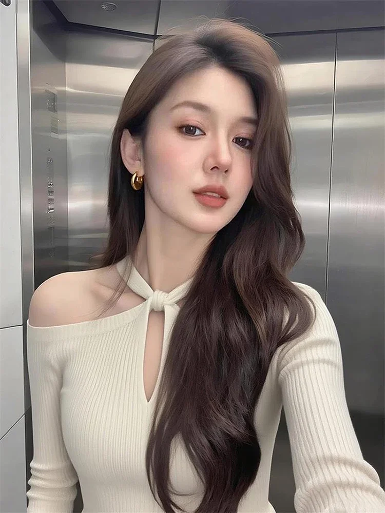 

Sexy Halter Korean Sweater For Women Fashion Hollow Out Slim Fit Sueter Mujer Pull Femme Korean Tunic Knitting Pullovers Tops