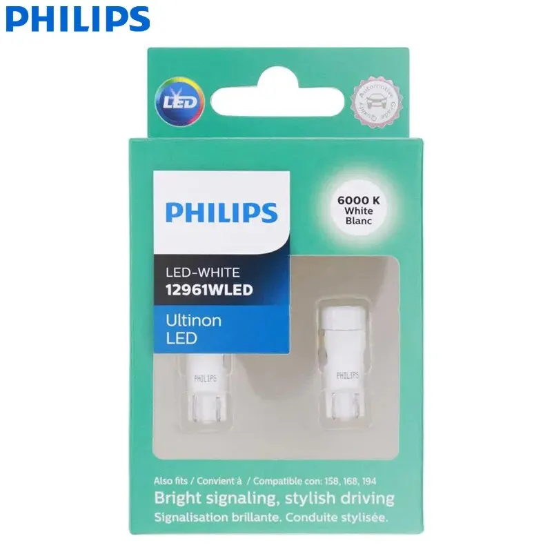 Philips T10 W5W 194 Ultinon LED 6000K Cool White Car Turn Signal Lamp Auto Interior Light Door Reading Plate Bulb 12961ULWX2
