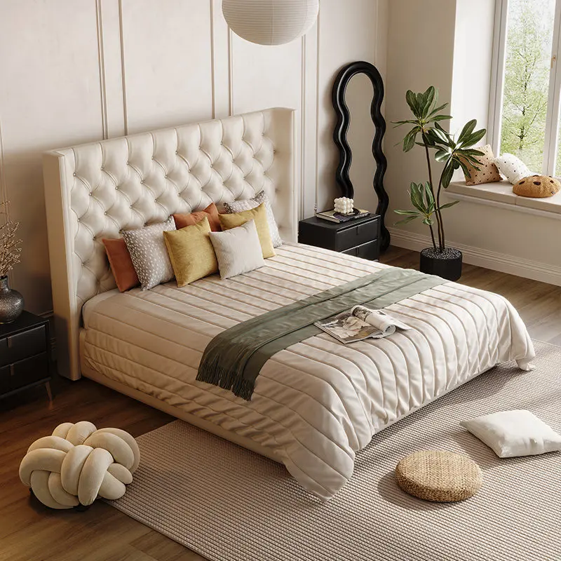 

#% Bed Double Leather Pine Wood Frame Modern French Style Minimalist Light Luxury High Button-Tufted Headboard Cream For Master
