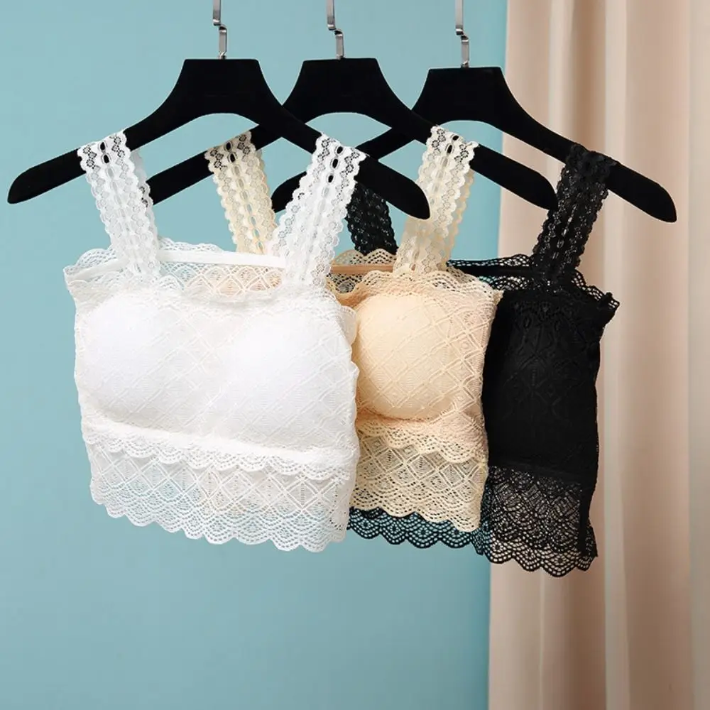 

Fashion Mesh Hollow Lace Crop Top Thin Anti-glare Lace Flower Vest Top Undershirt Underwear Camisole Bra with Pad Lady