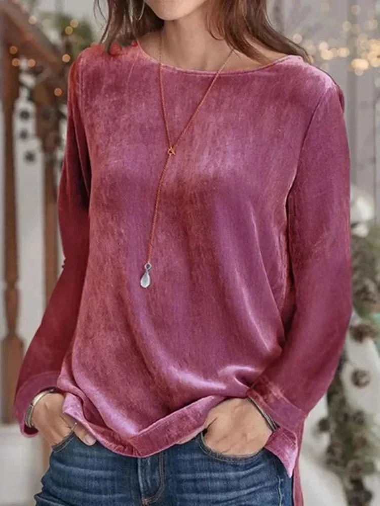 

Spring Autumn Fashion Women Gold Velvet Long-sleeved T-shirt Female Loose Round Neck Tops