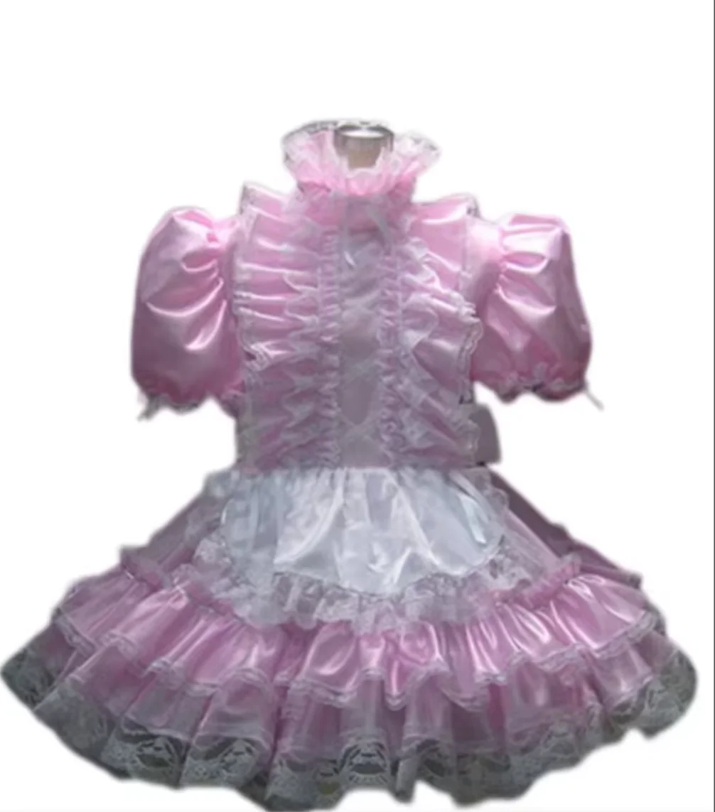 

New Hot Selling Adult Sissy Pink Cute High Collar Lace French Maid Dress Custom