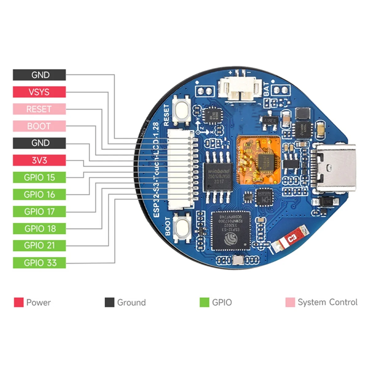 ESP32-S3 Development Board 1.28 Inch Touch Screen Round LCD Display with WiFi Bluetooth Accelerometer Gyroscope Sensor