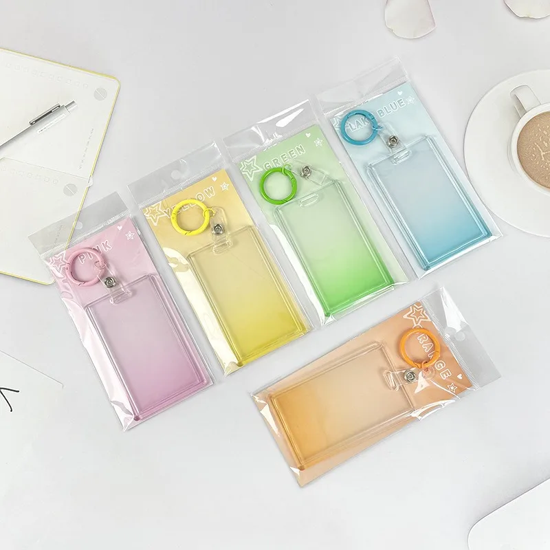 1Pc Cute Simple Transparent Gradient Color Card Holder Portable ID Card Bus Bank Credit Card Protector Keychain Photocard Sleeve