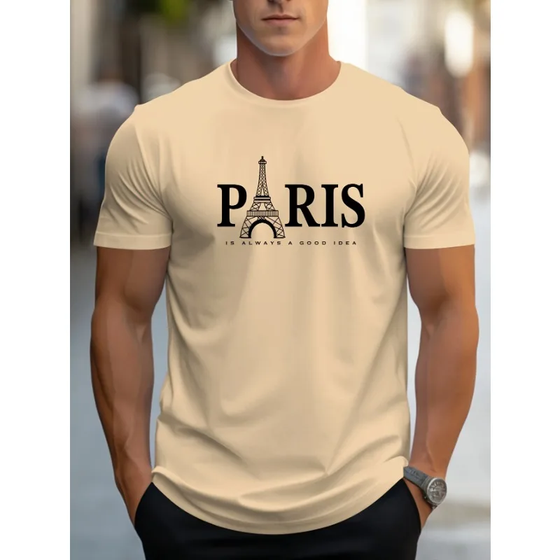 Men's PARIS Letter Pattern Print Cotton T-shirt Summer Loose Sizecasual Comfortable Round Neck Short Sleeved T-shirt Top