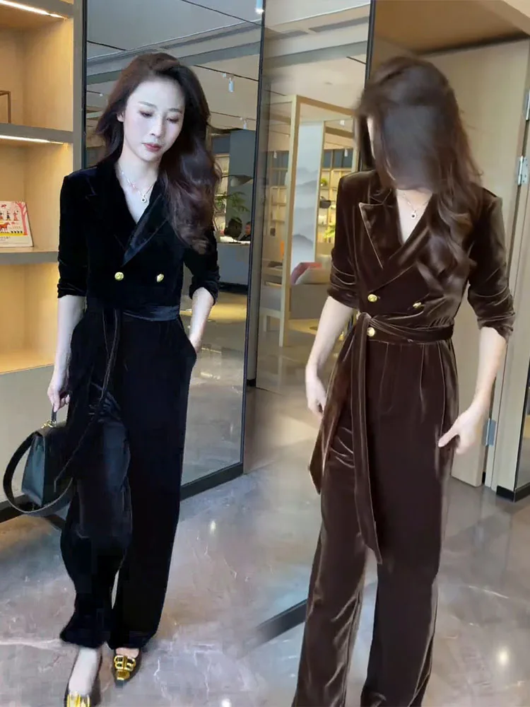 

Velvet One-Piece Suit High Waist Wide Leg Pants Commute Fashion Classy Style Autumn New Arrival Women's Integrated Dress