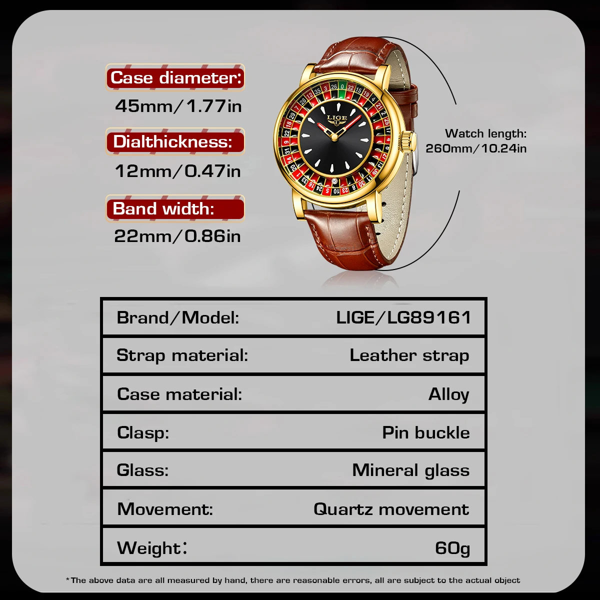 LIGE Fashion Leather Men Lucky Watch Rotating Dial Las Vegas Roulette Desktop Lucky Watch Men Waterproof Luminous Clock Watches