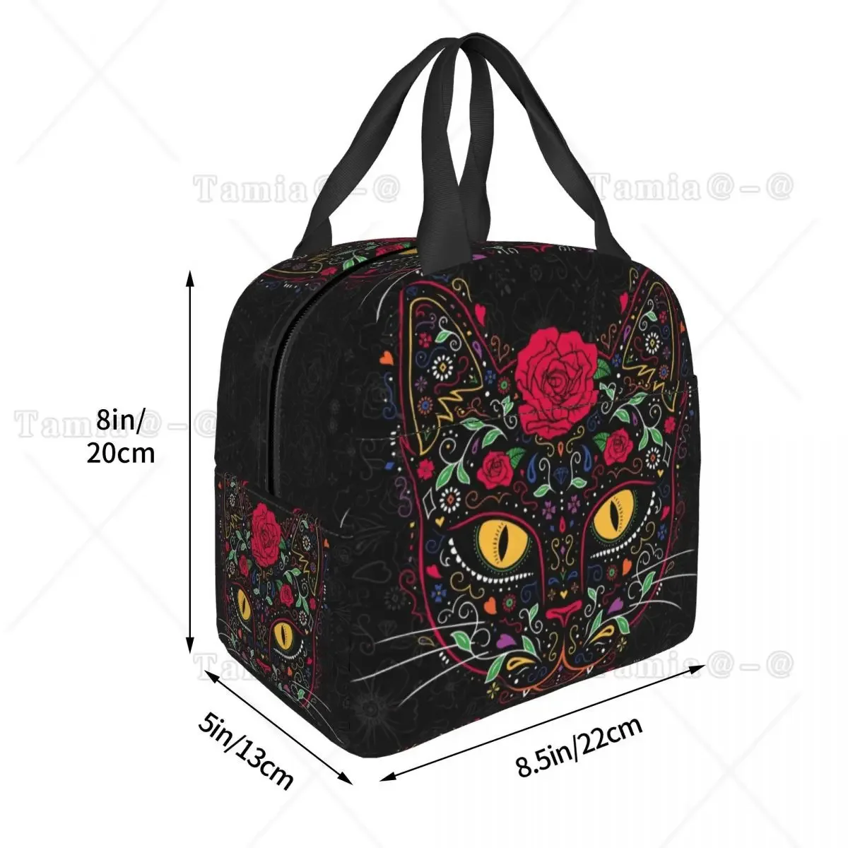 Day Of The Dead Kitten Cat Sugar Skull Lunch Box Multifunction Mexican Halloween Floral Thermal Cooler Food Insulated Lunch Bag