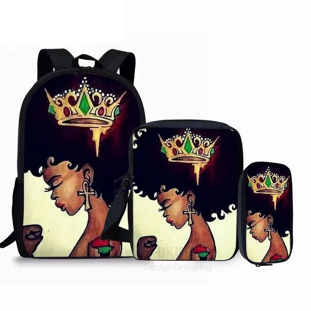 Trendy Black Girl Magic Afro Lady 3D Print 3pcs/Set School Bags Laptop Daypack Backpack Inclined shoulder bag Pencil Case
