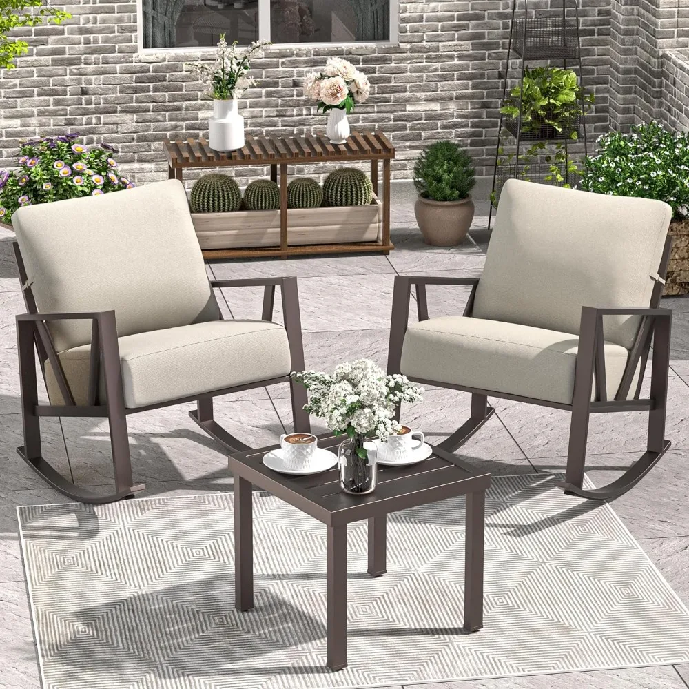 Patio Outdoor Rocking Chairs Set of 2 with Coffee Table, 3 Piece Metal Outdoor Patio Furniture Set, Beige