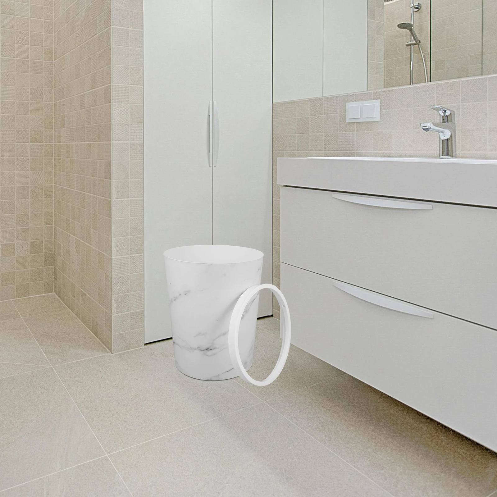 

1pcs Trash Bin High Capacity White Bathroom Retro Wood Grain Kitchen Living Office Garbage Pail Waste Container Storage Solution