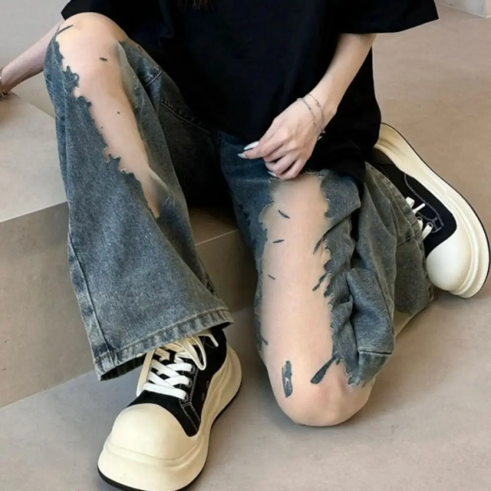 Patchwork High Waist Casual Mesh Jeans Loose Irregular Wide Leg Denim Pants See Through Trousers Ripped Jeans Women