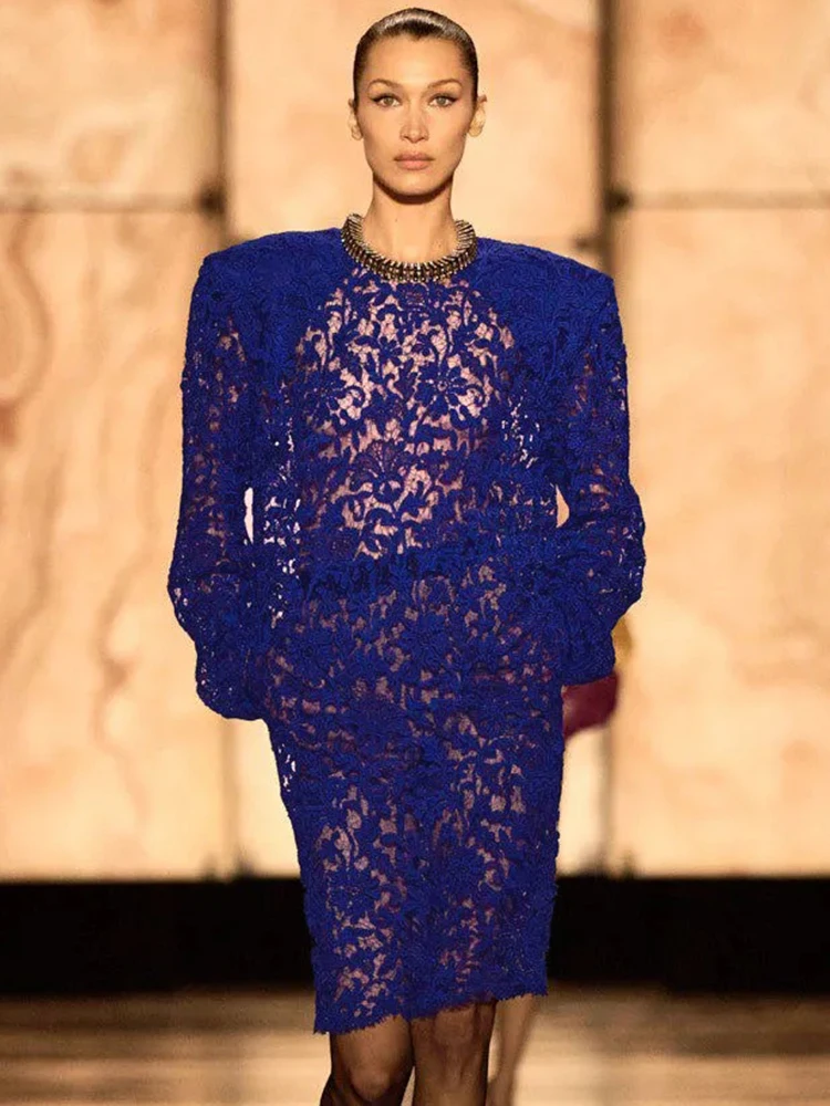 Elegant Purple Sheer Lace Midi Dress with Oversized Shoulders Vintage Floral Pattern Long Sleeve Cocktail Party Dress for Women