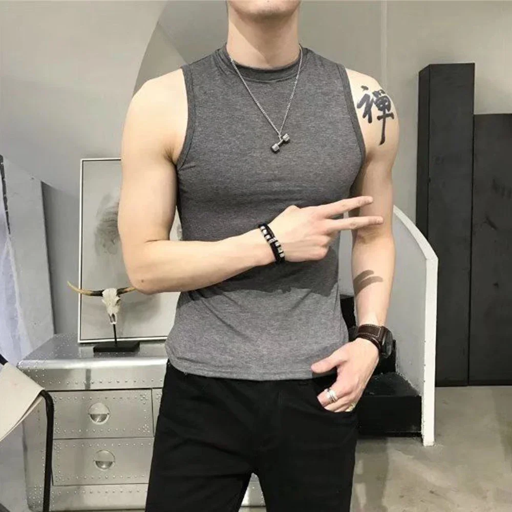 Summer Vest Men\'s Trend Tight Stand Collar Sleeveless Sexy T-shirt Top American Slim Fitness Stretch I-word Vest Bottoming Shirt