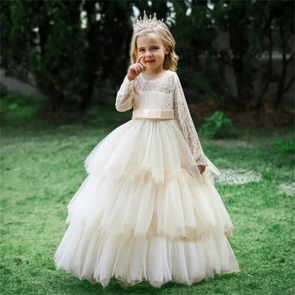 Elegant Formal Wedding Party Flower Girl Dress Pleat Floor Length Lace Appliques Classic A Line Long Communion Girl Gown