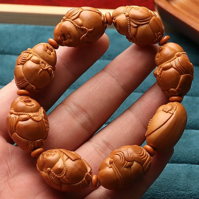 

Olive Nut Carved Seven Little Buddha Samanera Children Maitreya Bracelet Hundred-State Cute Handheld Artsy Object Plate Finished